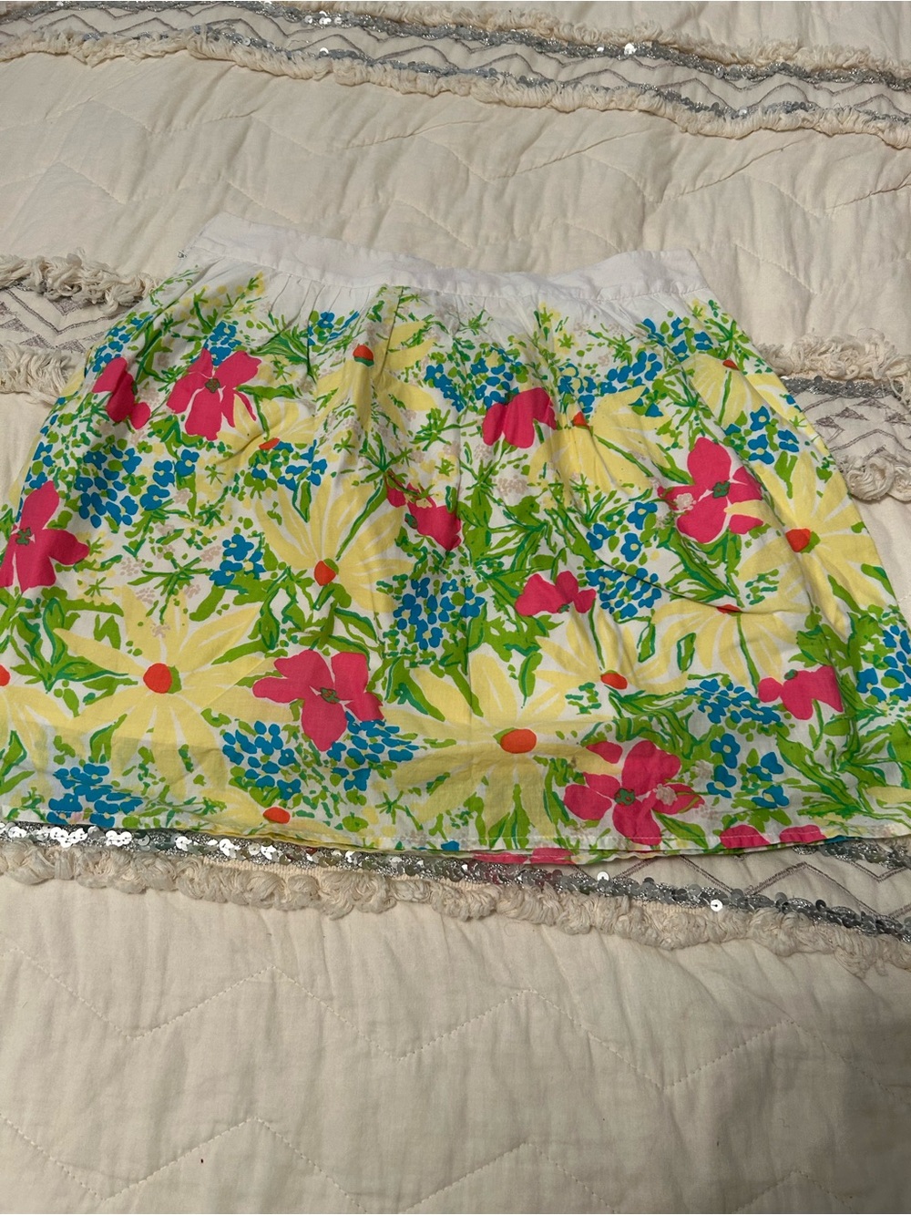 Lilly P Floral A-Line Mini Skirt in White with Pink & Yellow Blooms